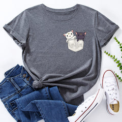 Women's Cute Kitten Print Loose Crew Neck T-shirt