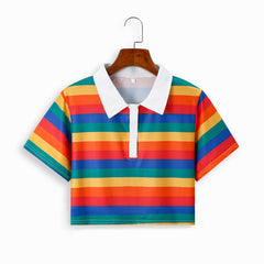 Women's Rainbow Striped Short Sleeved Polo Neck T-shirt