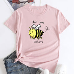 Women's Cartoon Bee Happy Print Large Size Tee