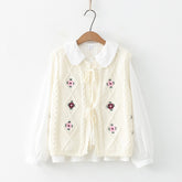 Retro Sleeveless Floral Embroidery Cardigan Vest with Doll Collar Shirt