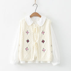Retro Sleeveless Floral Embroidery Cardigan Vest with Doll Collar Shirt