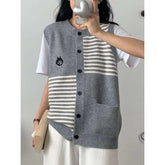 Korean Style Striped Stitching Cat Embroidered Cardigan Vest