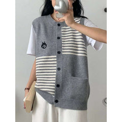 Korean Style Striped Stitching Cat Embroidered Cardigan Vest
