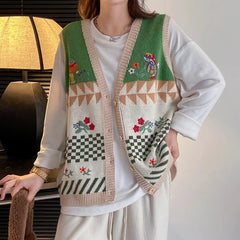 Women's V-neck Contrast Color Floral Embroidery Cardigan Knitted Vest