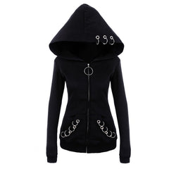 Chic Gothic Loose Iron Ring Zipper Black Hoodie