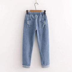 Vintage Cuffed Rabbit Embroidered Denim Jeans