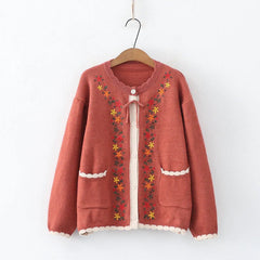 Stylish Floral Embroidered Round Neck Button Cardigan