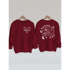 KARMA IS A CAT Print Round Neck Sweatshirt