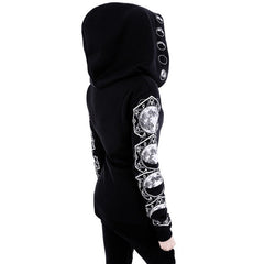 Trendy Punk Style Moon Printed Black Zip Up Hoodie