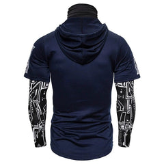 Men's Fitness Mask Fake Two-piece Graphic Stretch Hooded Long Sleeve Shirt