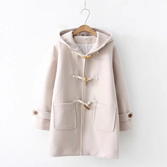 Korean Style Solid Color Horn Button Loose Pockets Coat