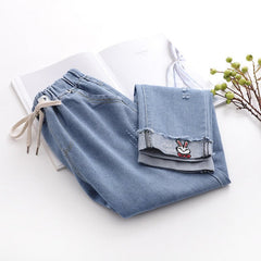 Vintage Cuffed Rabbit Embroidered Denim Jeans