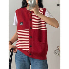 Korean Style Striped Stitching Cat Embroidered Cardigan Vest