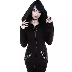 Chic Gothic Loose Iron Ring Zipper Black Hoodie