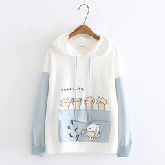 Japanese Style Women's Cat Eating Fish Printed Ears Hoodie