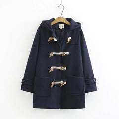 Plain Color Double Horn Button Loose Hooded Woolen Coat