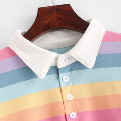 Rainbow Striped Polo Neck Long Sleeve Cropped T-shirt