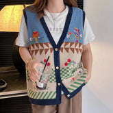 Women's V-neck Contrast Color Floral Embroidery Cardigan Knitted Vest
