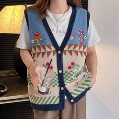 Women's V-neck Contrast Color Floral Embroidery Cardigan Knitted Vest