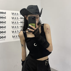 Chic Girls Black Moon Embroidered Knitted Outerwear Tank