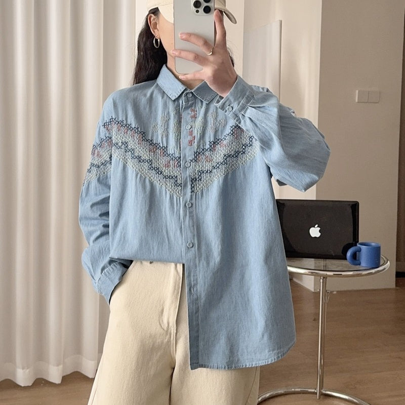Women's Embroidery Washed Denim Long-sleeved Shirt