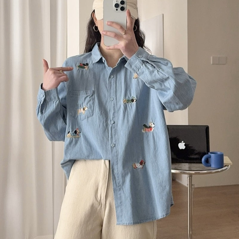 Women's Embroidery Washed Denim Long-sleeved Shirt