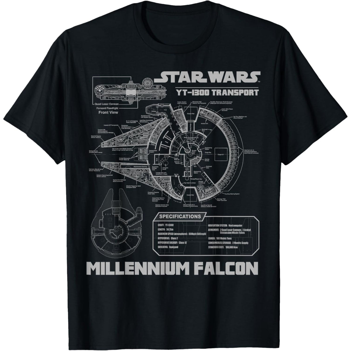 Millennium Falcon Grey Schematics Graphic T-Shirt