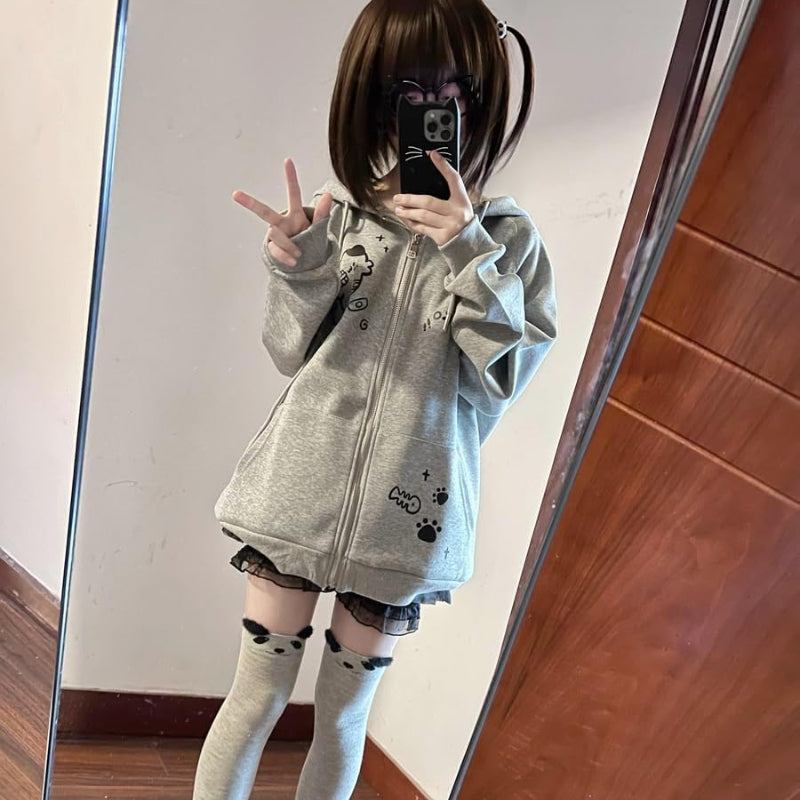 Y2K Zip Up Cute Cat Ears Graphic Hoodie