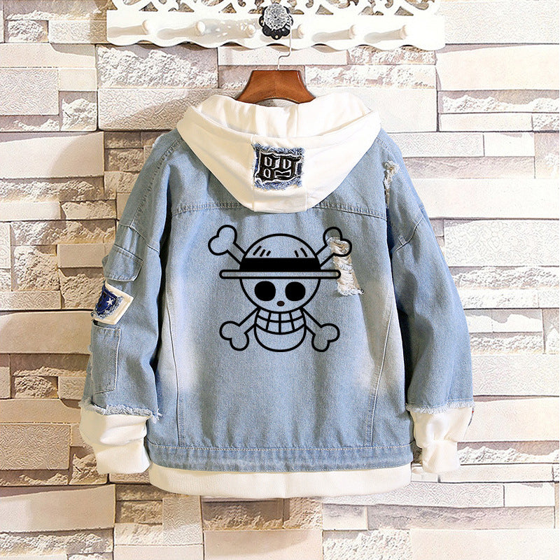 Unisex Luffy Print Casual Hooded Denim Jacket