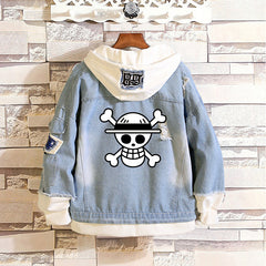 Unisex Luffy Print Casual Hooded Denim Jacket