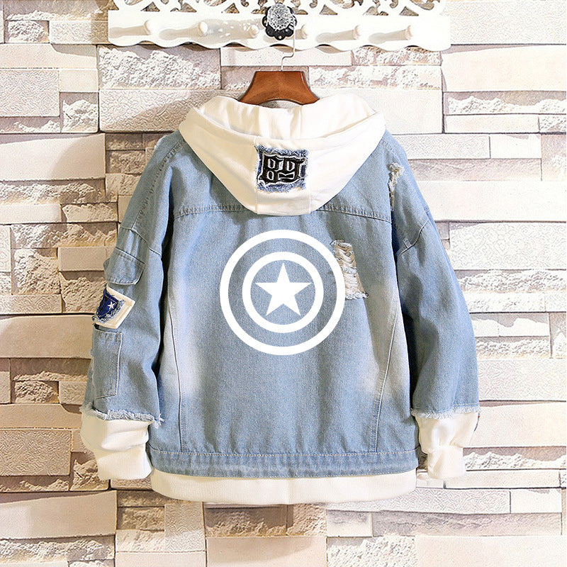 Unisex Trendy Comic Spider Denim Hooded Coat