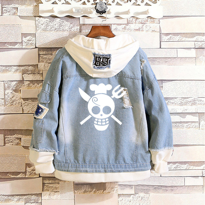 Unisex Luffy Print Casual Hooded Denim Jacket