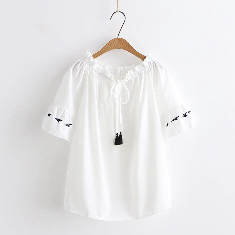 Fresh Embroidery Lace Up Women's Chiffon Shirt