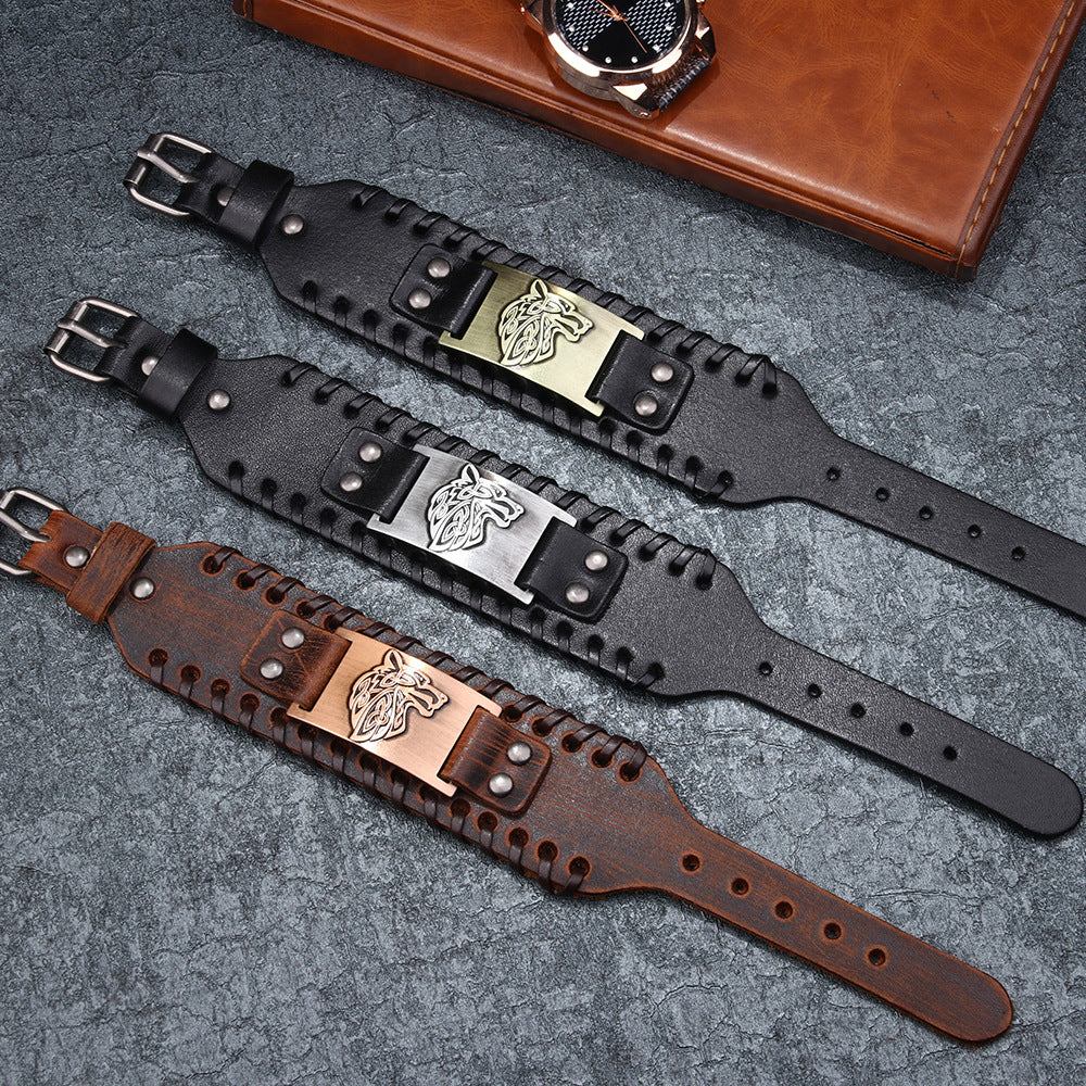 Men's Wolf Head Leather Bracelet