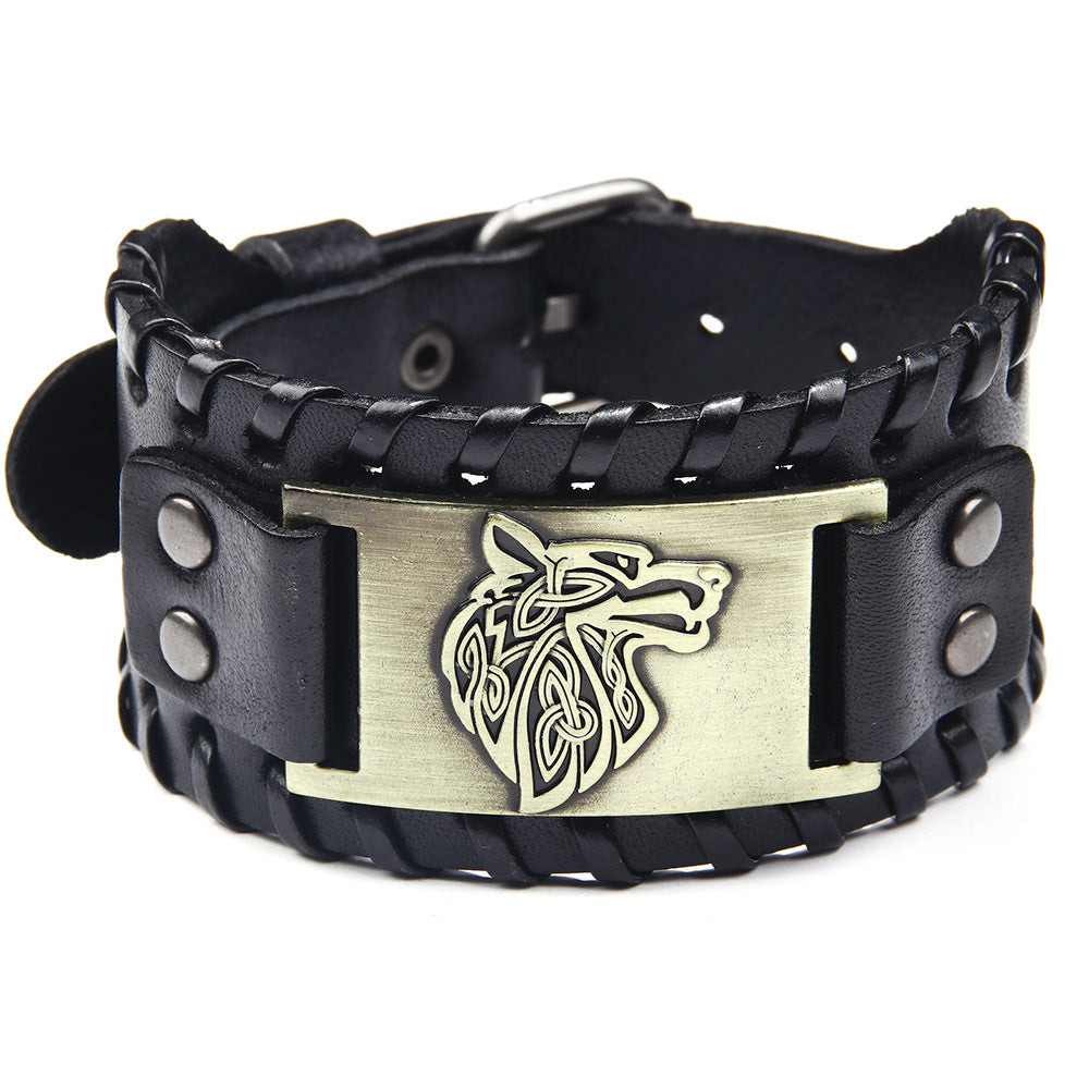 Men's Wolf Head Leather Bracelet