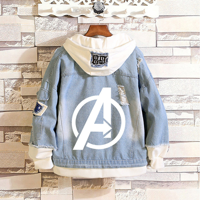 Unisex Trendy Comic Spider Denim Hooded Coat