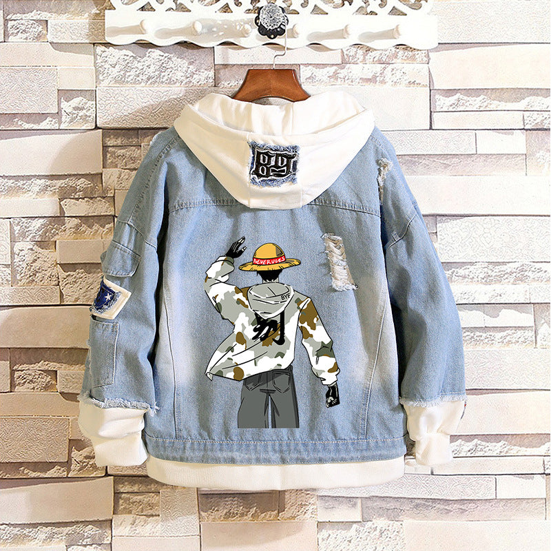 Unisex Luffy Print Casual Denim Hooded Jacket