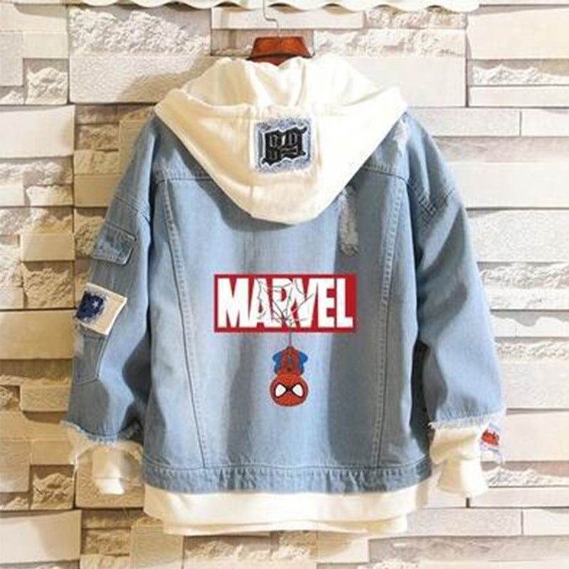 Unisex Trendy Comic Spider Denim Hooded Coat