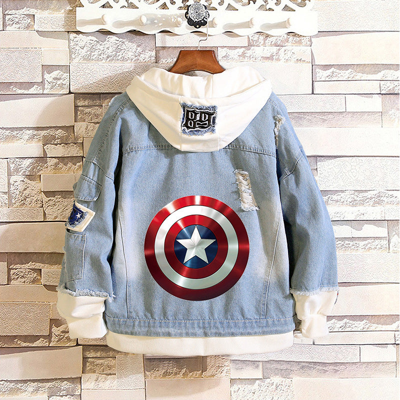 Unisex Trendy Comic Spider Denim Hooded Coat