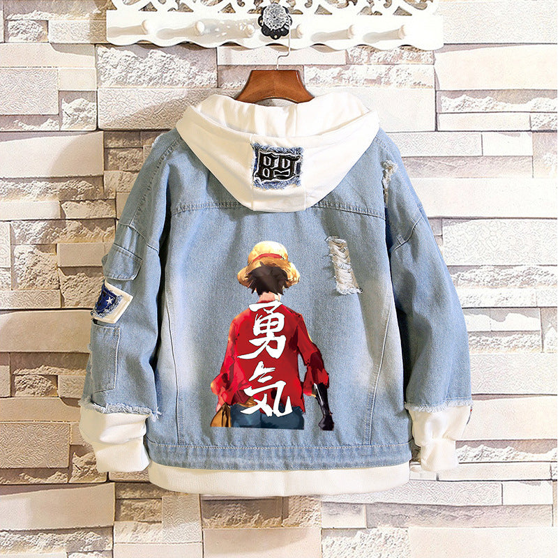 Unisex Luffy Print Casual Denim Hooded Jacket