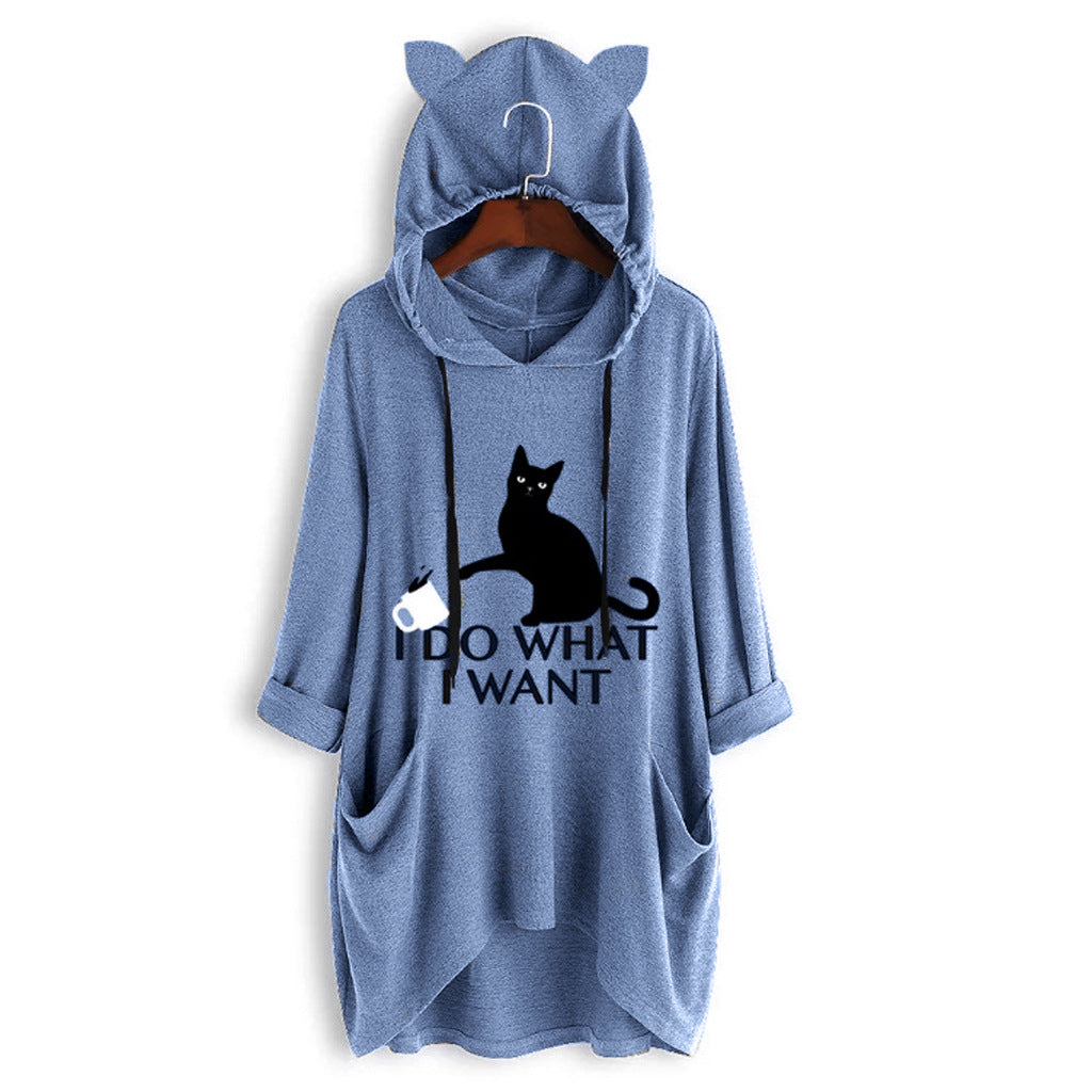 Women's Cat Ears Loose Medium Long Hoodie