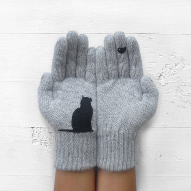 Women's Cat and Bird Printed Knitted Outdoor Gloves