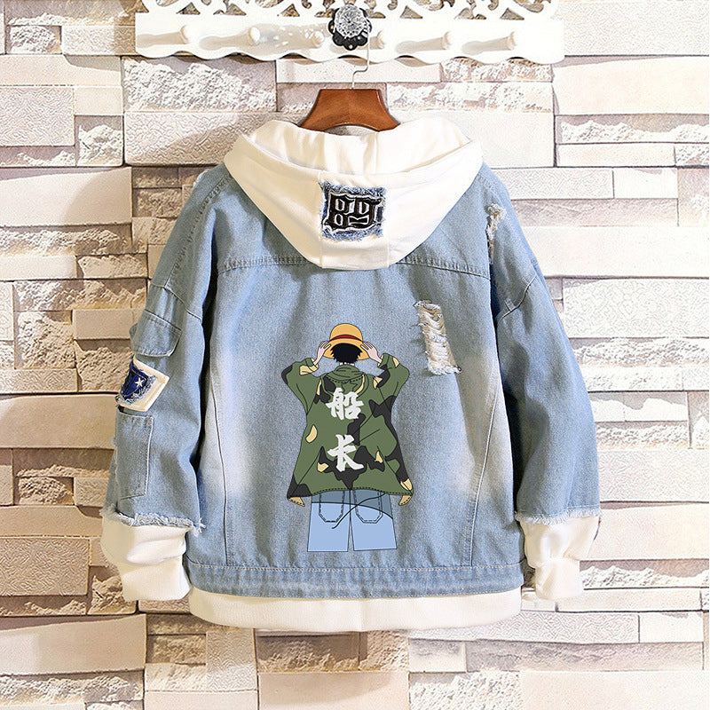 Unisex Luffy Print Casual Denim Hooded Jacket