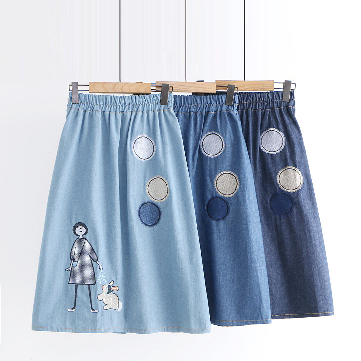 Vintage Cartoon Patch Girls' Embroidered Denim Skirt