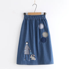 Vintage Cartoon Patch Girls' Embroidered Denim Skirt