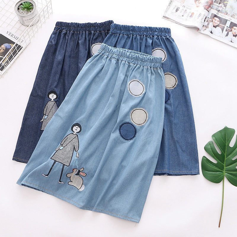 Vintage Cartoon Patch Girls' Embroidered Denim Skirt