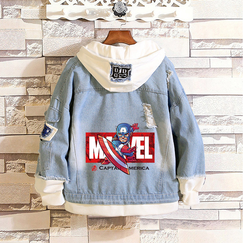 Unisex Trendy Comic Spider Denim Hooded Coat