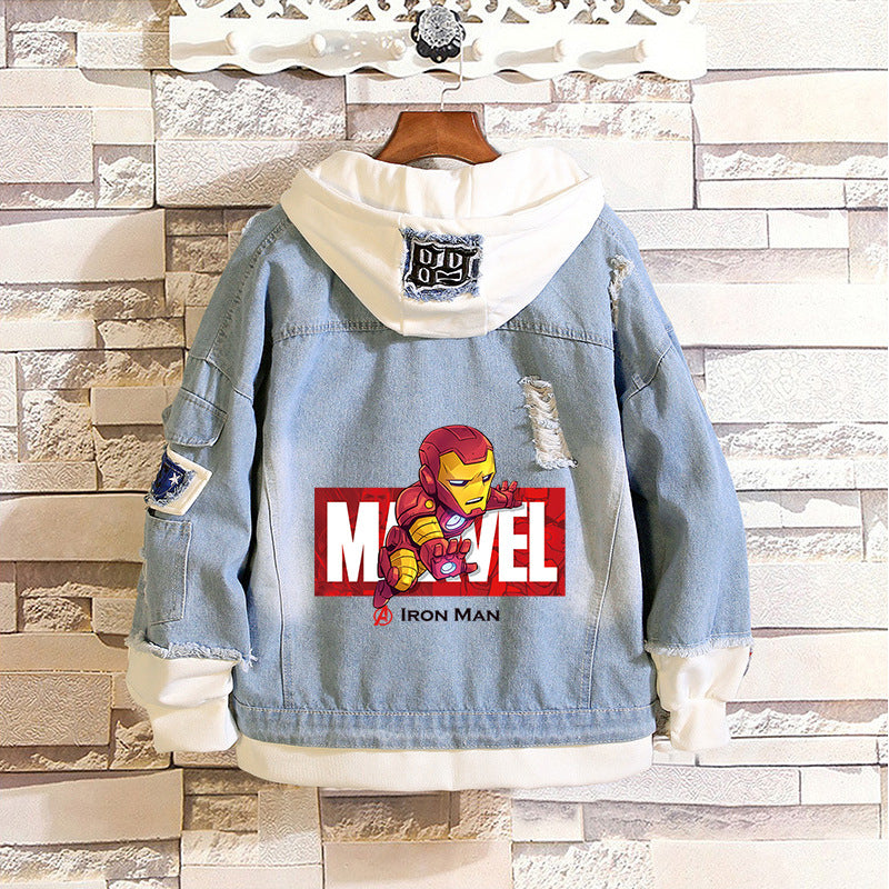 Unisex Trendy Comic Spider Denim Hooded Coat