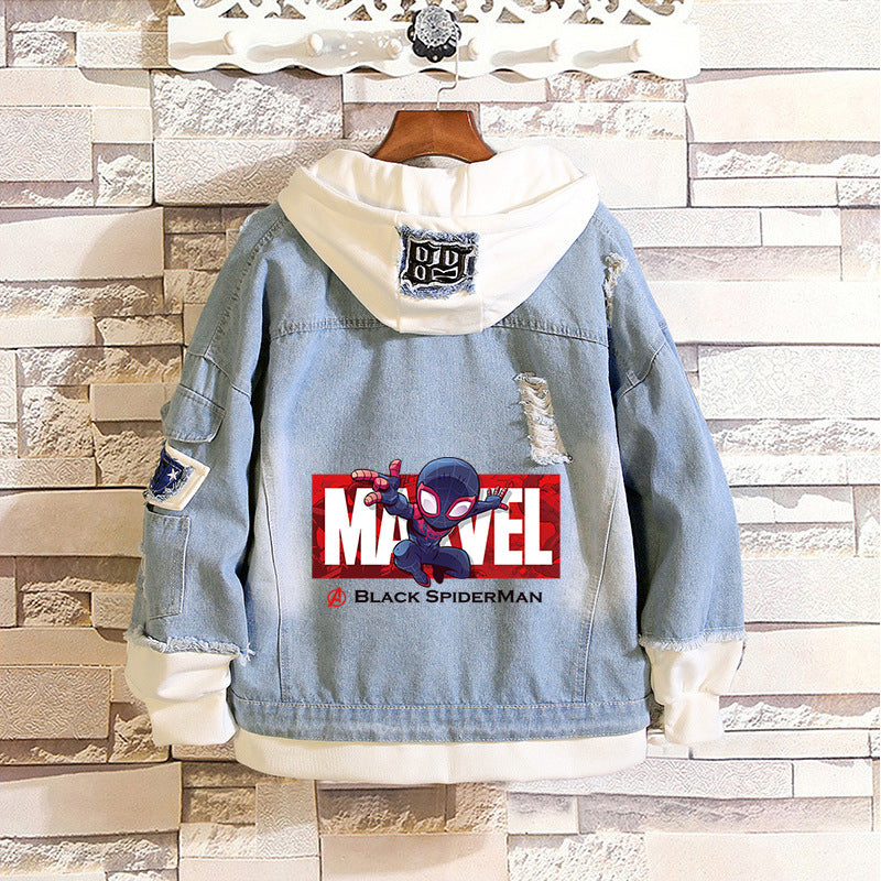 Unisex Trendy Comic Spider Denim Hooded Coat