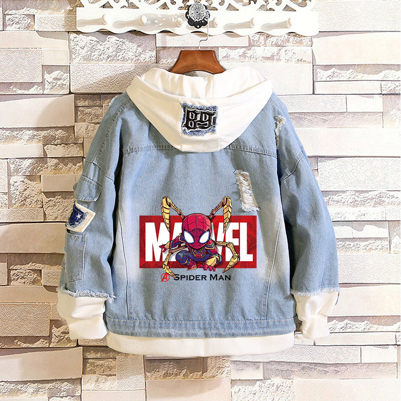 Unisex Trendy Comic Spider Denim Hooded Coat